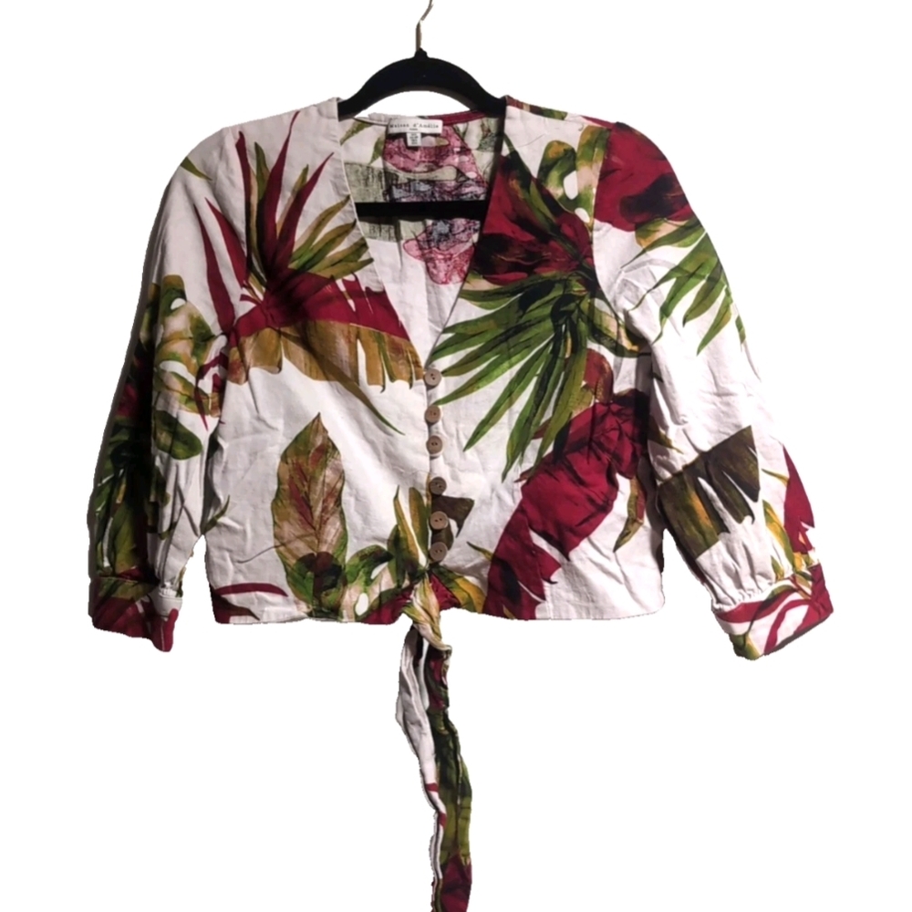 Tropical Print Button-Up Blouse